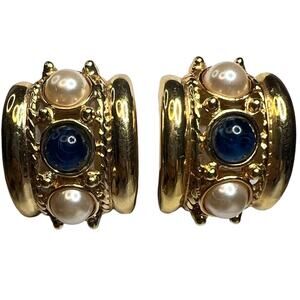 Vintage Joan Rivers Clip On Earrings Large Blue and Faux Pearl Beads Gold Tone